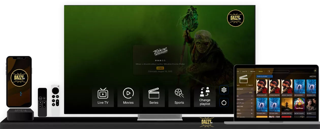 Dazzy Pro running on TV, phone and laptop